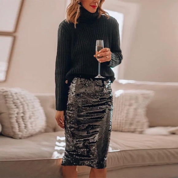 🥂ELEGANCE WITH EASE🥂BLACK SEQUIN SKIRT-NEW‎ - Picture 2 of 9